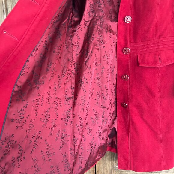 Per Una Cherry‎ Red Winter Coat Sz 14 Brushed Velvet Preppy Satin Twee 3/4 Bold - Picture 7 of 13